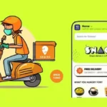 Swiggy's Snacc app logo with a background of fast food items and delivery.