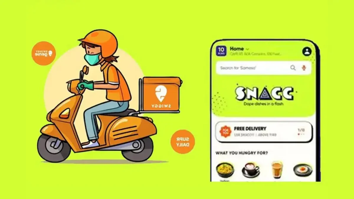 Swiggy's Snacc app logo with a background of fast food items and delivery.